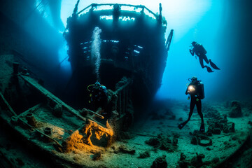 Fototapeta premium Scuba divers exploring a sunken shipwreck. Underwater mysteries, high quality generative ai