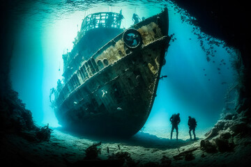 Scuba divers exploring a sunken shipwreck. Underwater mysteries, high quality generative ai
