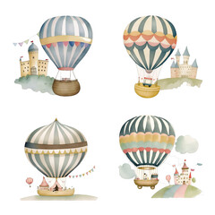 Air transport in watercolor. Children's cartoon illustration , children's clothing. Transparent Background. Generative AI