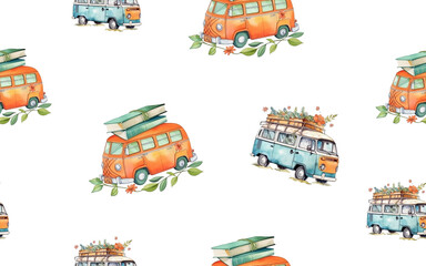 seamless pattern Vintage watercolor turquoise and orange truck, spring summer illustration of old retro car. Transparent Background. Generative AI