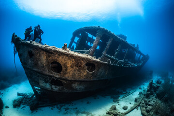 Scuba divers exploring a sunken shipwreck. Underwater mysteries, high quality generative ai