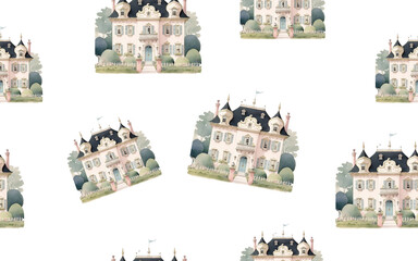 seamless pattern Watercolor cute rural houses and trees. Village architecture landmark, old buildings, countryside summer, old european town. Transparent Background. Generative AI