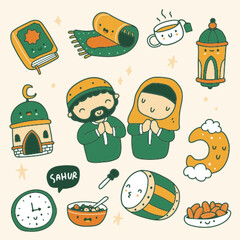 Set of handdrawn Ramadan illustration in cartoon style
