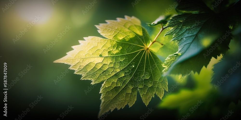 Poster bokeh effect created by a green leaf in the gentle sunshine. generative ai