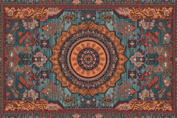 circular rug with intricate design and vibrant colors. Generative AI