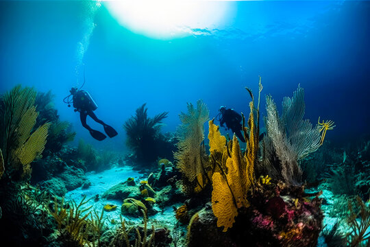 Scuba divers exploring coral reef. Beautiful underwater nature, high quality generative ai