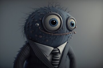 Incredibly Detailed Cute Monster in Pinstriped Suit: 8K Cinematic Shot with Sharpened Details by Marcin Nagraba and Rebecca Millen on White Background, Generative AI