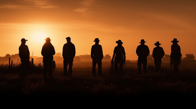 Silhouette image of a group of farmers standing together in a field at sunset