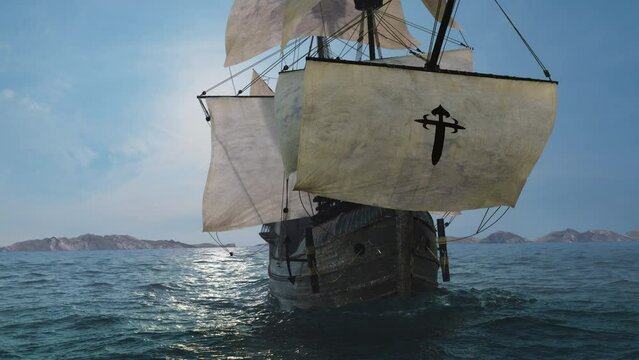 The NAO VICTORIA in front of Fernando Magellans Armada is the flagship of the spanish expedition to circumnavigate the Globe. 3D illustration animated 