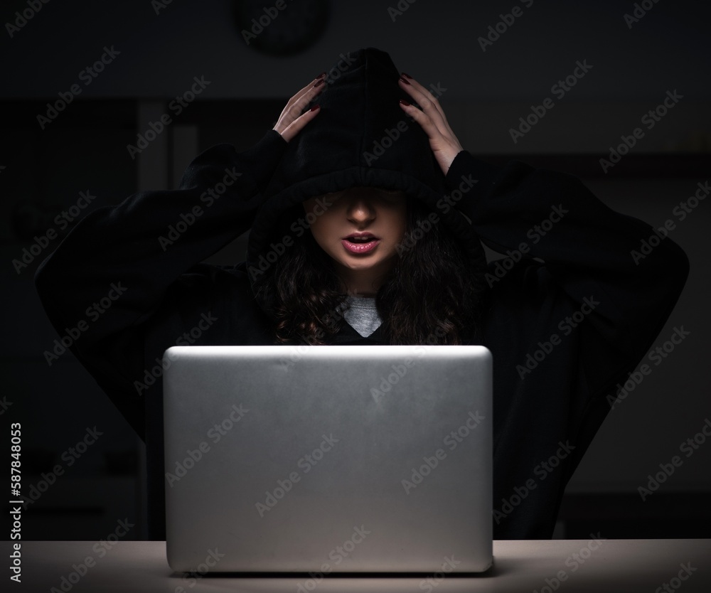 Poster female hacker hacking security firewall late in office