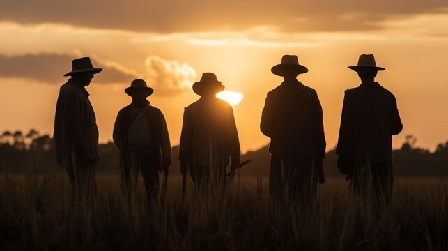 Silhouette image of a group of farmers standing together in a field at sunset