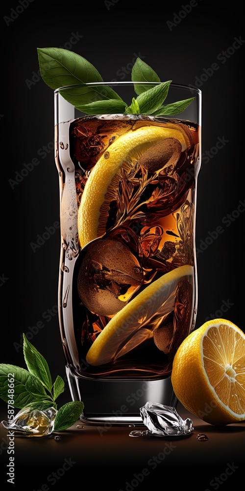 Poster a cola mixed with fragrant herbs and lemon juice. generative ai
