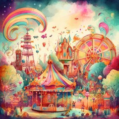 Vibrant carnival with spinning rides and rainbow-colored cotton candy Generative Ai