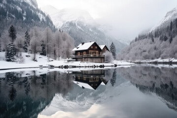 Winter holiday landscape. Сhristmas holiday. Happy holiday house. Cottage in the mountains. Fantastic winter forest landscape, mountains, lake house, generative AI