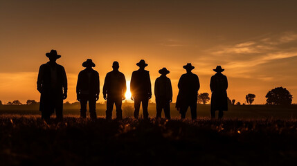 Fototapeta na wymiar Silhouette image of a group of farmers standing together in a field at sunset