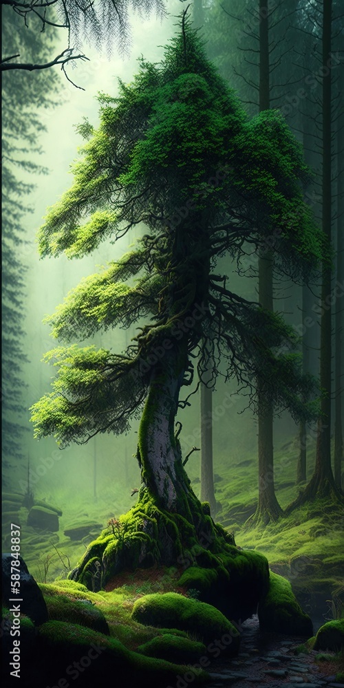 Poster trees with moss in a forest generative ai