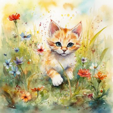 Playful kitten pouncing into a field of wildflowers Generative Ai