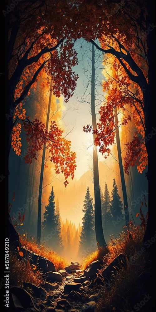 Poster sunlit trees in a forest in fall are awe-inspiring. generative ai
