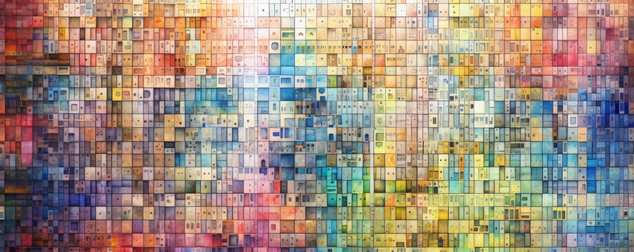Matrix, grid type colorful mosaic like watercolor abstract. A cover or header for something creative, diverse, or covers a wide range of fields or aspects. Illustration style generative AI. © killykoon