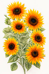 bouquet of sunflowers in watercolor painting style, generative ai