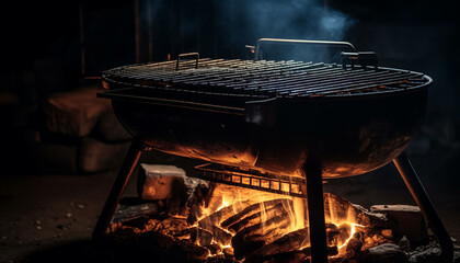 Grilled meats on metal grate over campfire generated by AI
