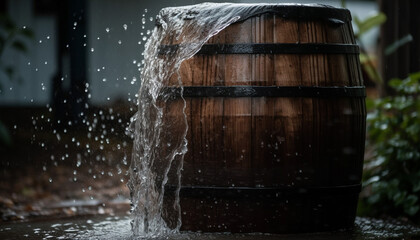 Naklejka na ściany i meble Liquid pouring into barrel, reflecting old winery generated by AI