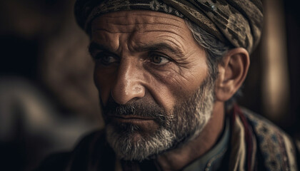 Fototapeta premium Serious old man, confident turban, traditional clothing generated by AI