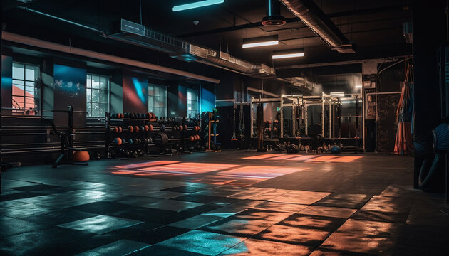 Athletes exercising in modern health club gym generated by AI