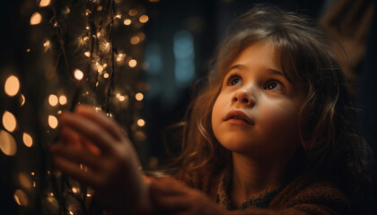 Smiling child enjoying Christmas lights at home generated by AI