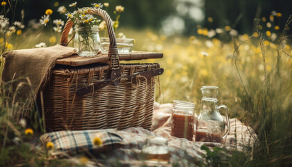 Healthy picnic meals enjoyed amongst sunflowers and nature generated by AI - obrazy, fototapety, plakaty