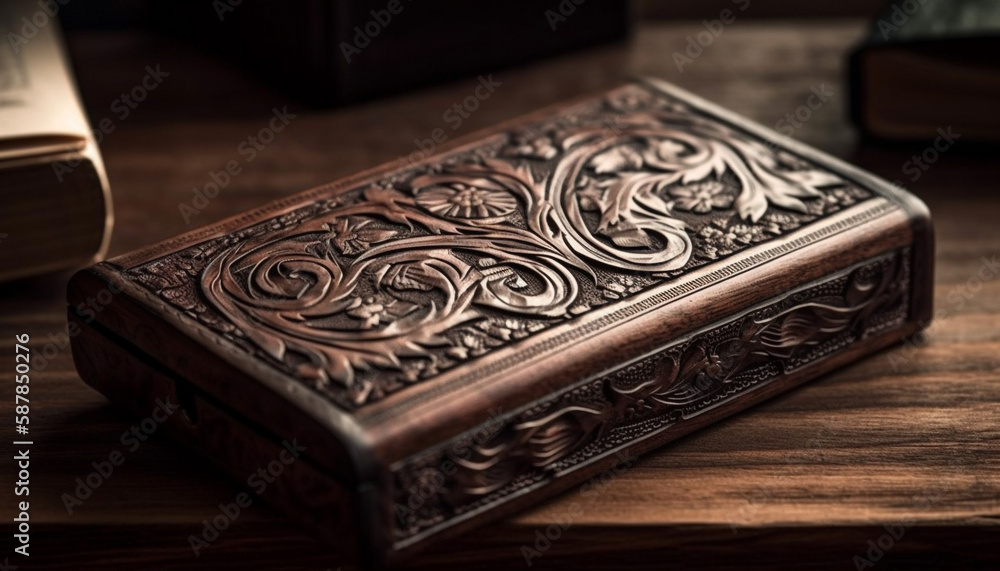 Poster Antique leather bible book cover, ornate decoration generated by AI