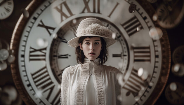 Confident young fashion model holding clock suit generated by AI