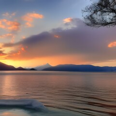 Naklejka na ściany i meble Impressive summer sunrise on lake with beautiful mountain landscape