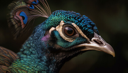 Obraz premium Majestic male peacock displaying multi colored feather pattern generated by AI
