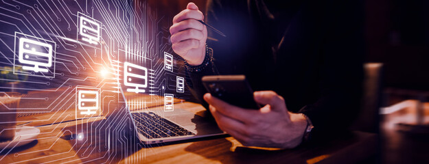 Big data management, digital technology, software development concept. Computer programmer, software engineer programming on laptop, data processing with computer code, technology background