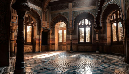 Obraz premium Ancient minaret illuminates ornate mosque at night generated by AI