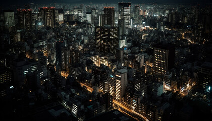 Fototapeta na wymiar City financial district glows in blue twilight generated by AI