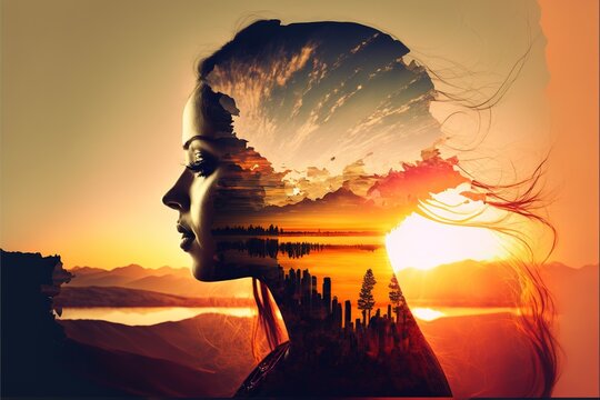 Double exposure image woman portrait with the orange sunset for peaceful mind and psychological concept. Meditative and healthy mental therapy abstract art. Superb Generative AI