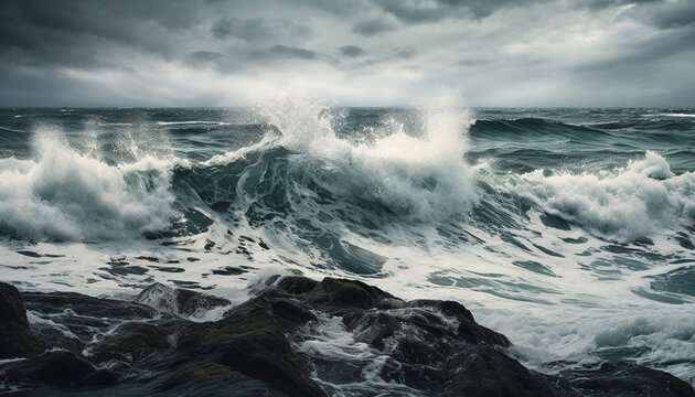 Splashing waves break against rocky coastline and spray generated by AI © Jeronimo Ramos