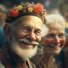 Close-up portrait of smiling and happy senior couple at holi festival. Generative AI