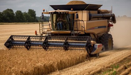 Golden combine harvesters work in wheat fields cutting generated by AI