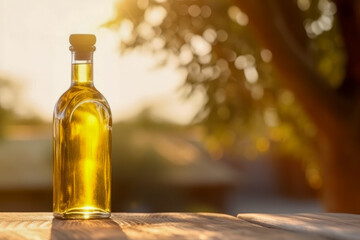 Bottle Of Olive Oil On A Wood Table