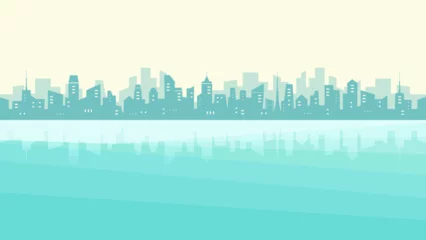 Foto op Plexiglas Koraalgroen 都会の街と海のシルエット風景 高層ビルの街並み背景イラスト