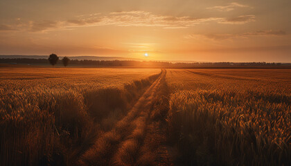 Golden wheat field embraces the sunset sky generated by AI