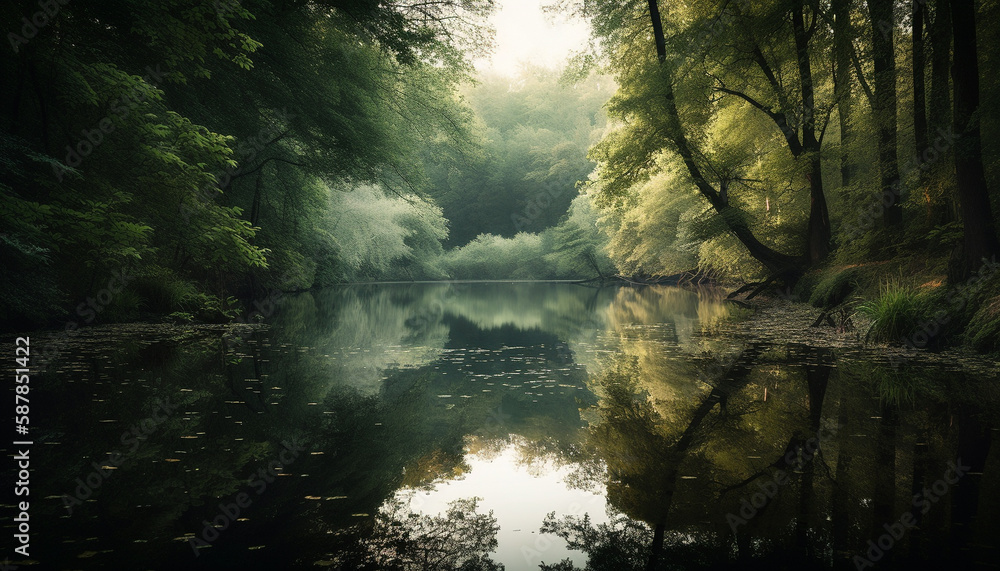 Poster tranquil reflection of tree on calm pond generated by ai
