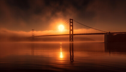 Golden suspension bridge reflects tranquil city skyline at twilight generated by AI