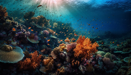 Fototapeta na wymiar Colorful fish swim in idyllic underwater reef generated by AI