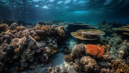 Fototapeta na wymiar Deep below the coral reef, aquatic adventure generated by AI