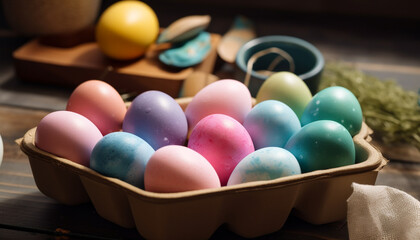 Fototapeta na wymiar Homemade decoration, colorful eggs, symbolizes traditions and Christianity generated by AI