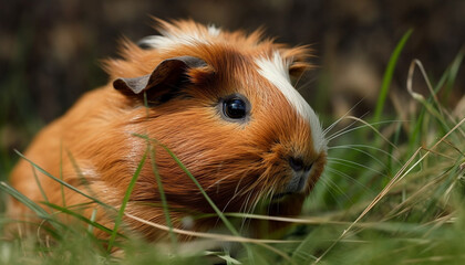 Cute guinea pig munching on grass outdoors generated by AI